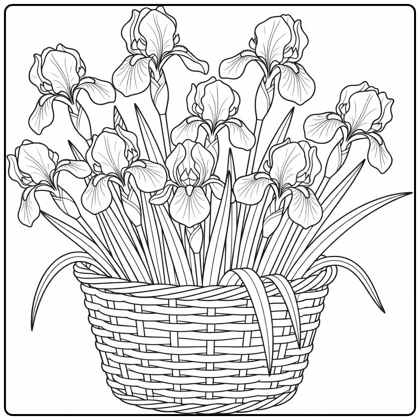 Iris coloring page showing a basket full of flowers