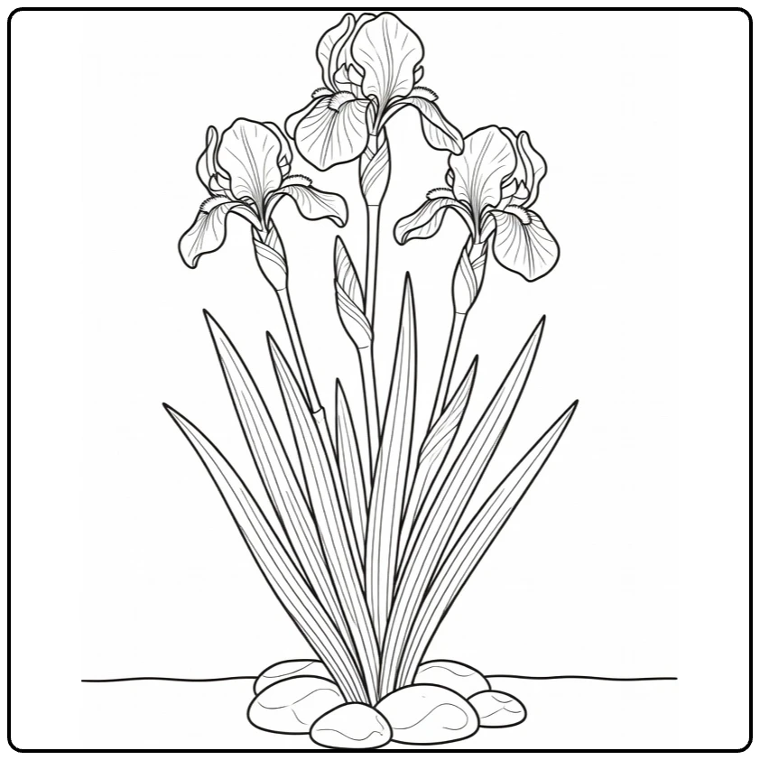 Iris coloring page showing a plant in a stone garden bed