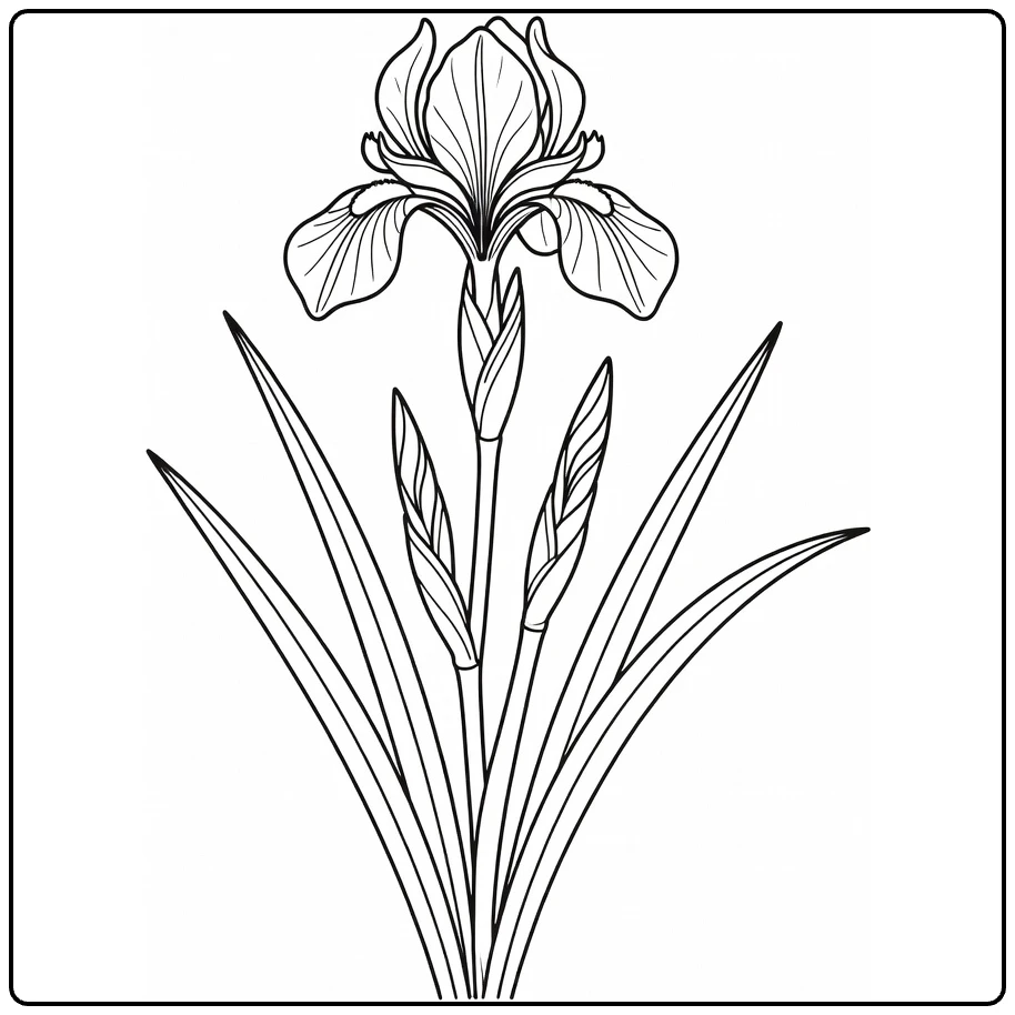 Iris coloring page showing an elegant flower with leaves and a bud