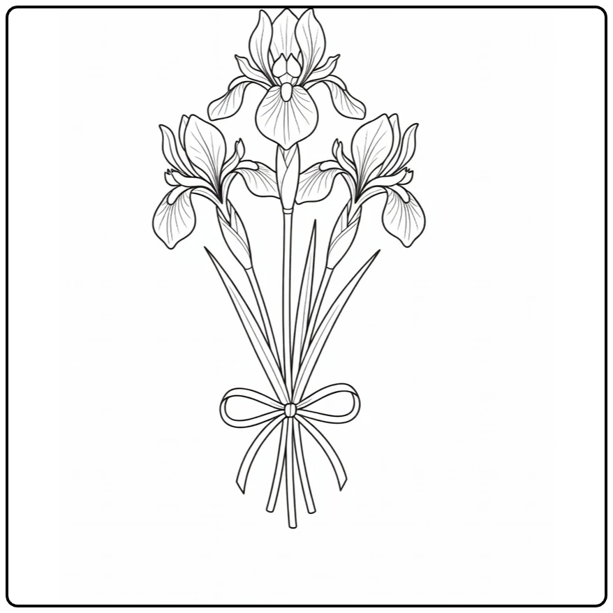 Iris coloring page featuring three flowers in a bouquet