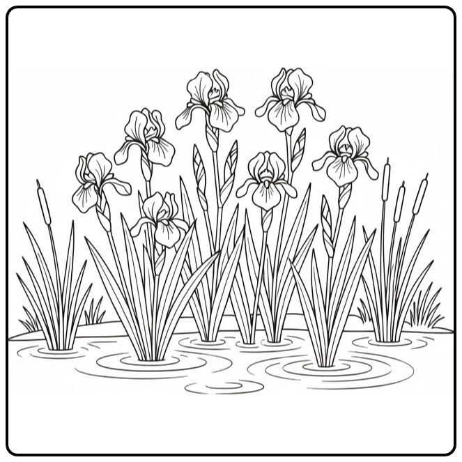 Iris coloring page showing flowers beside a quiet pond