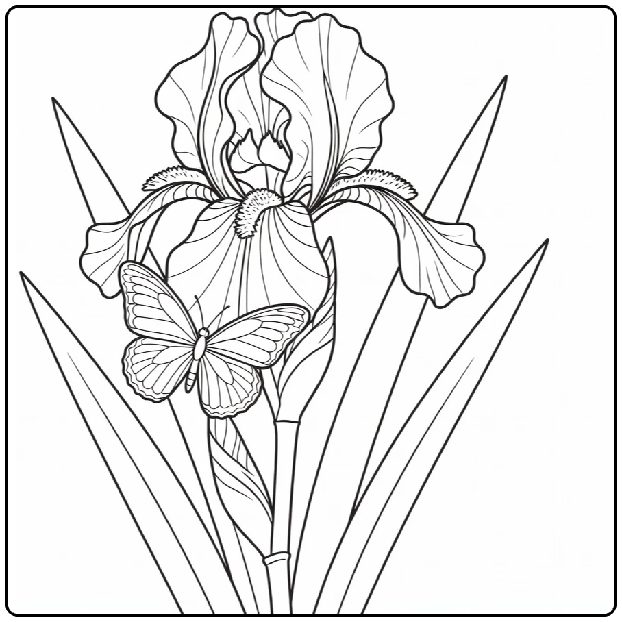 Iris coloring page showing a butterfly on the flower