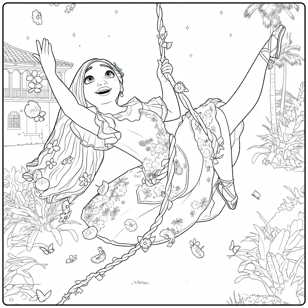 Isabela Madrigal coloring page swinging on a flower-covered vine