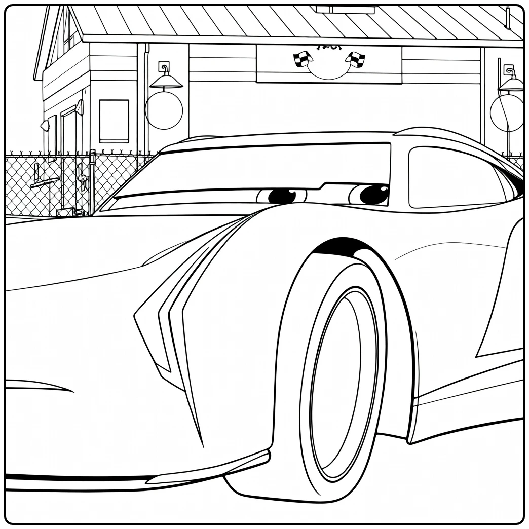 jackson storm coloring page in racegarage with lantaarns