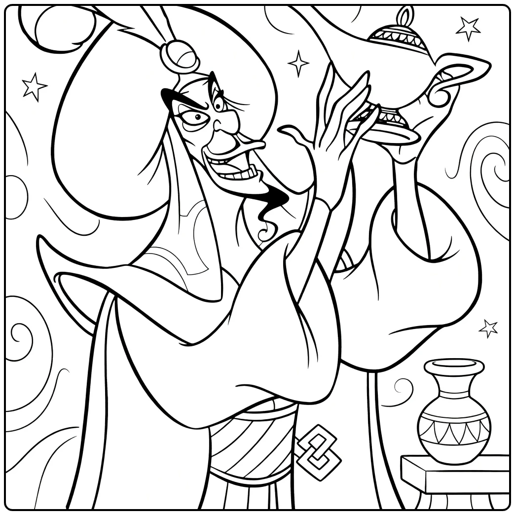 Jafar Sorcerer with Golden Lamp and Turban coloring page