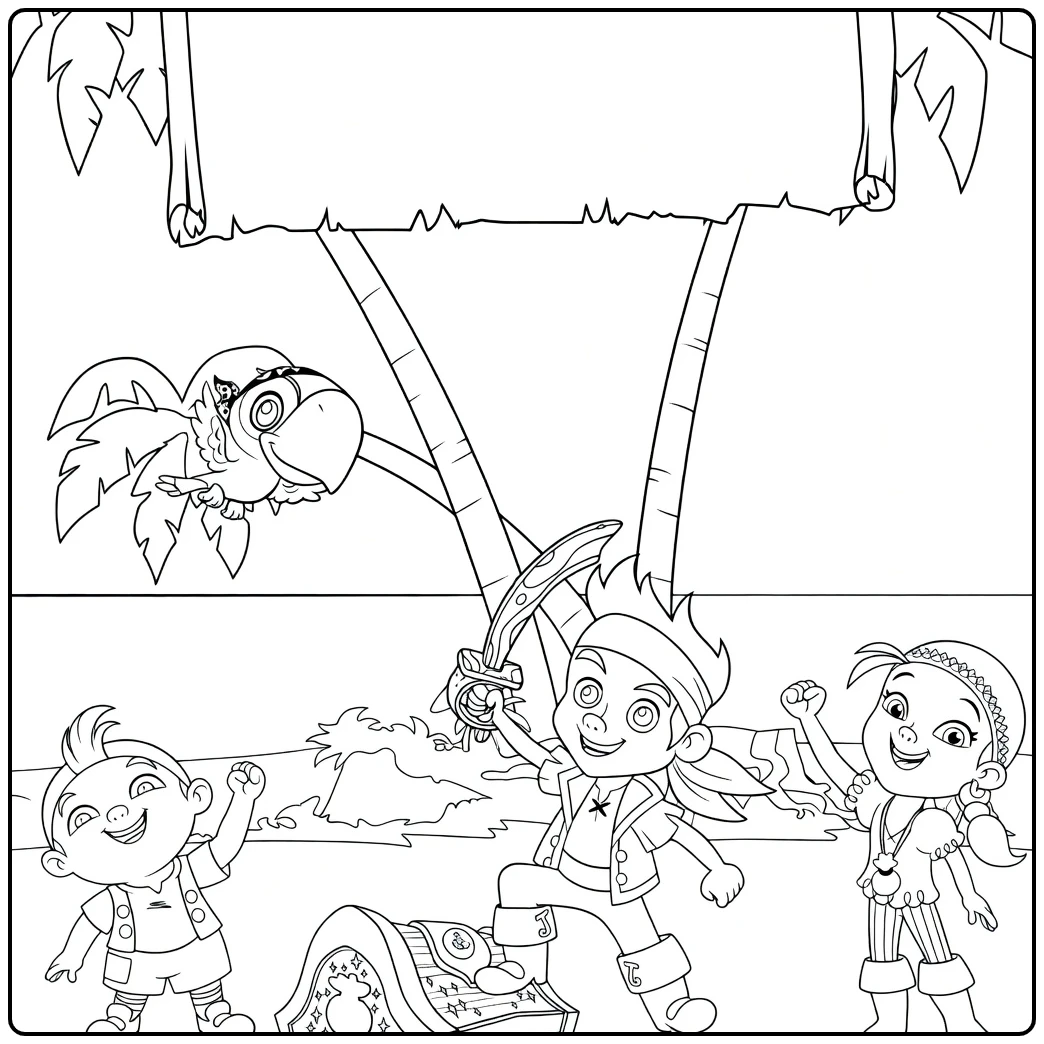Jake and the Never Land Pirates coloring page on a tropical island