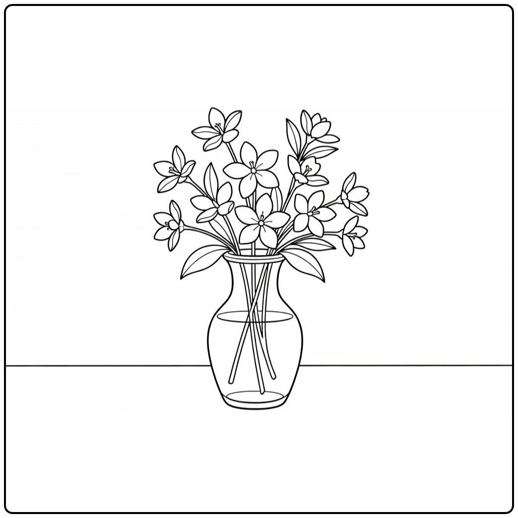 Jasmine coloring page featuring flowers in a glass vase
