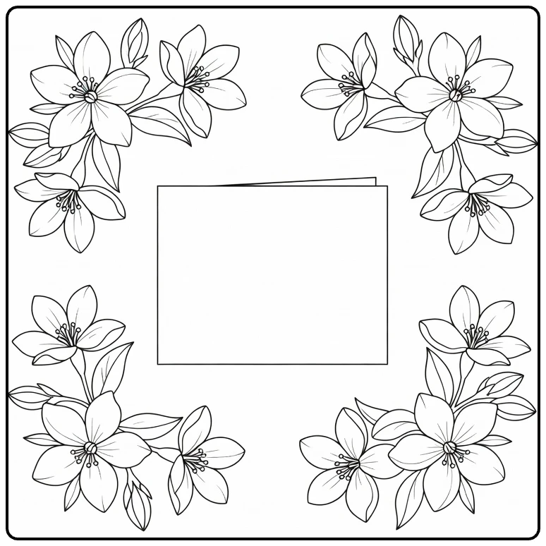 Jasmine coloring page featuring blossoms around a blank card