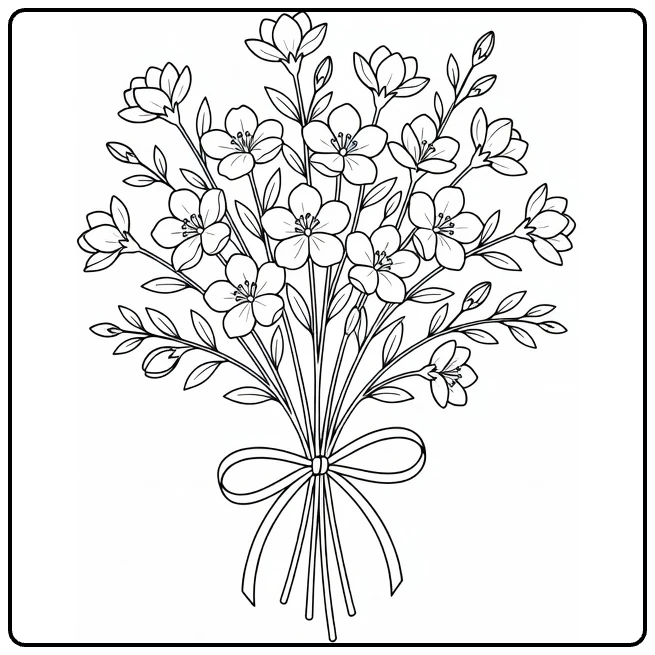 Jasmine coloring page showing a delicate bouquet tied with ribbon