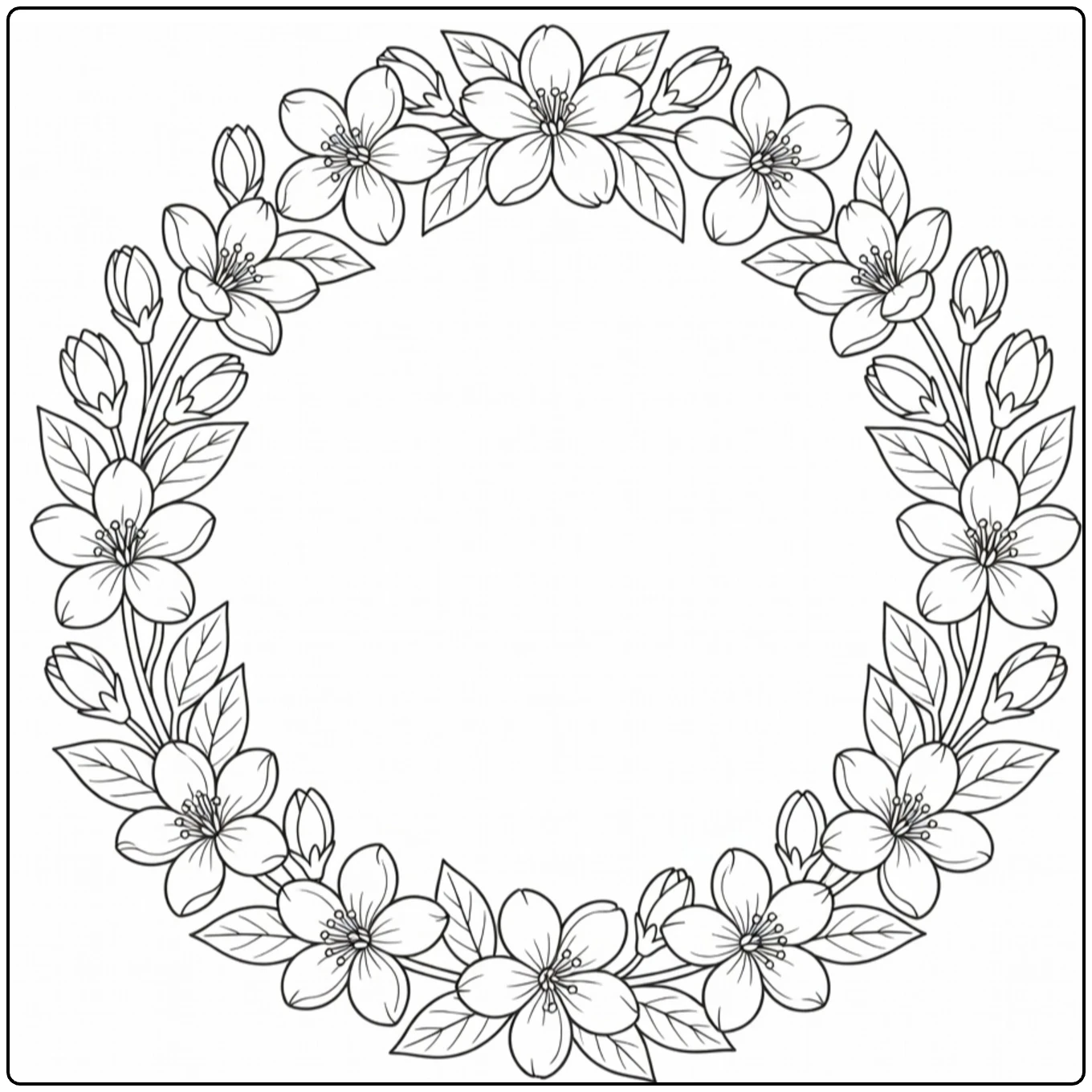 Jasmine coloring page featuring a round wreath of flowers and leaves