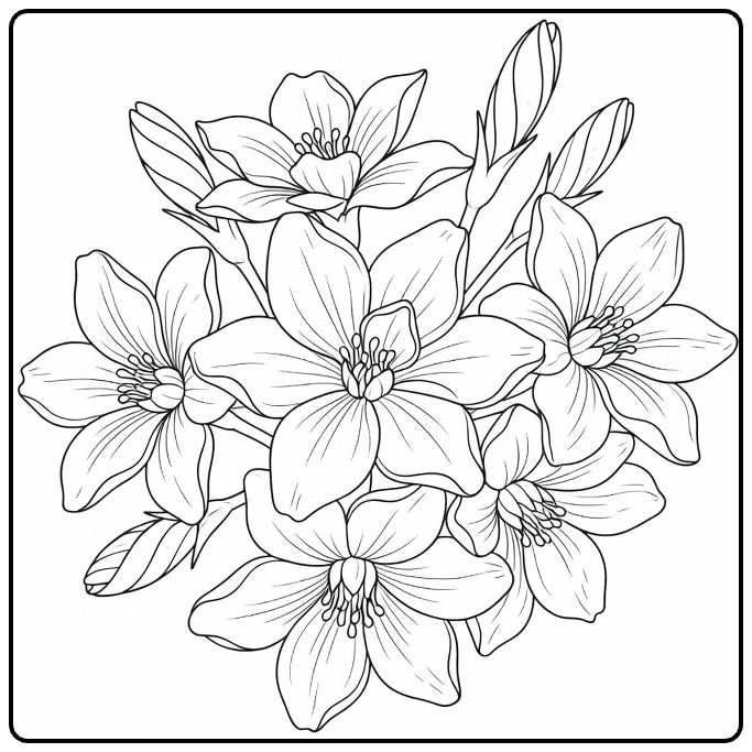 Jasmine coloring page featuring close-up blossoms and buds