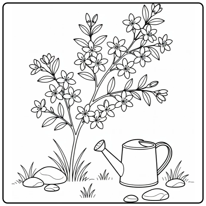 Jasmine coloring page showing a branch and watering can in a garden