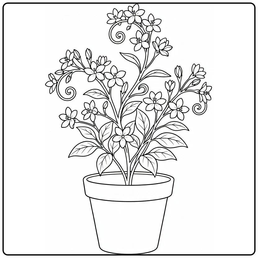 Jasmine coloring page showing a flowering plant in a round pot