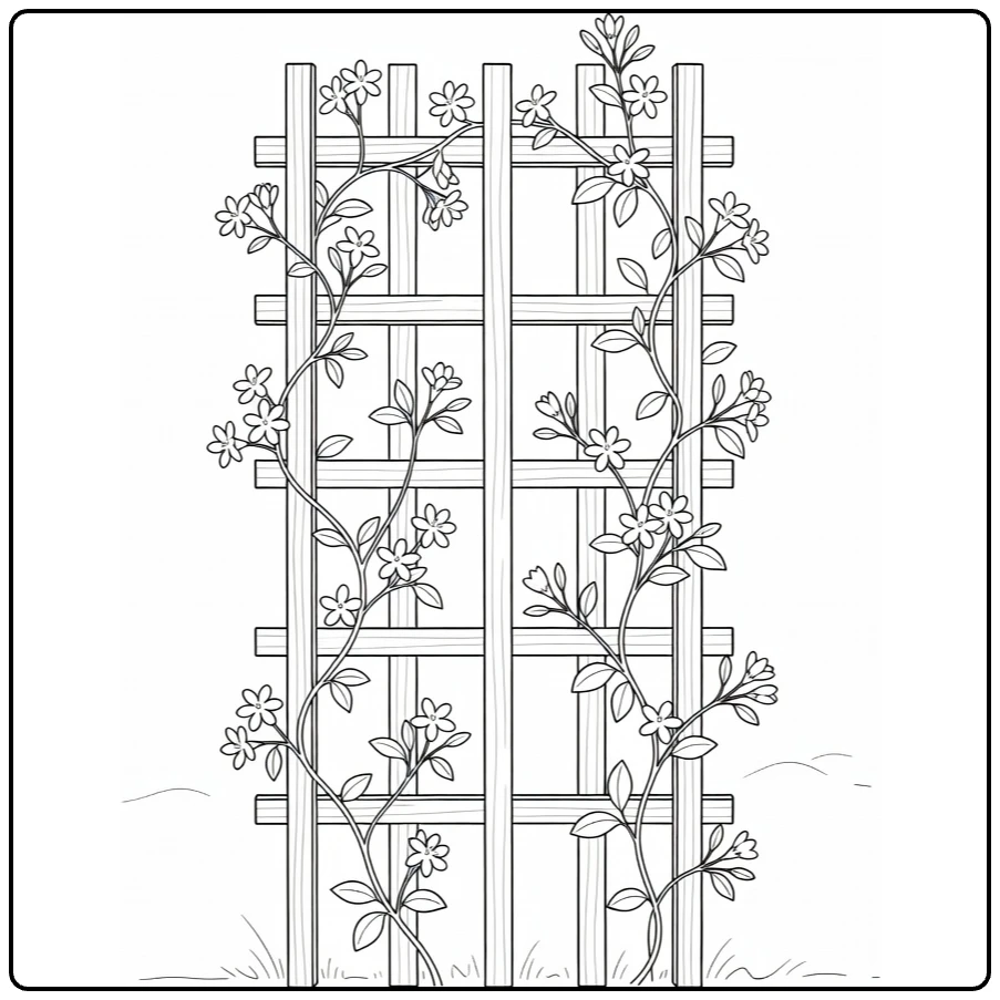 Jasmine coloring page featuring a climbing vine on a wooden trellis