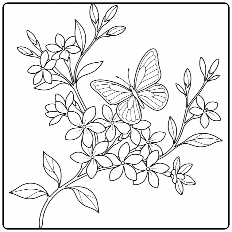Jasmine coloring page showing a butterfly on a flower cluster