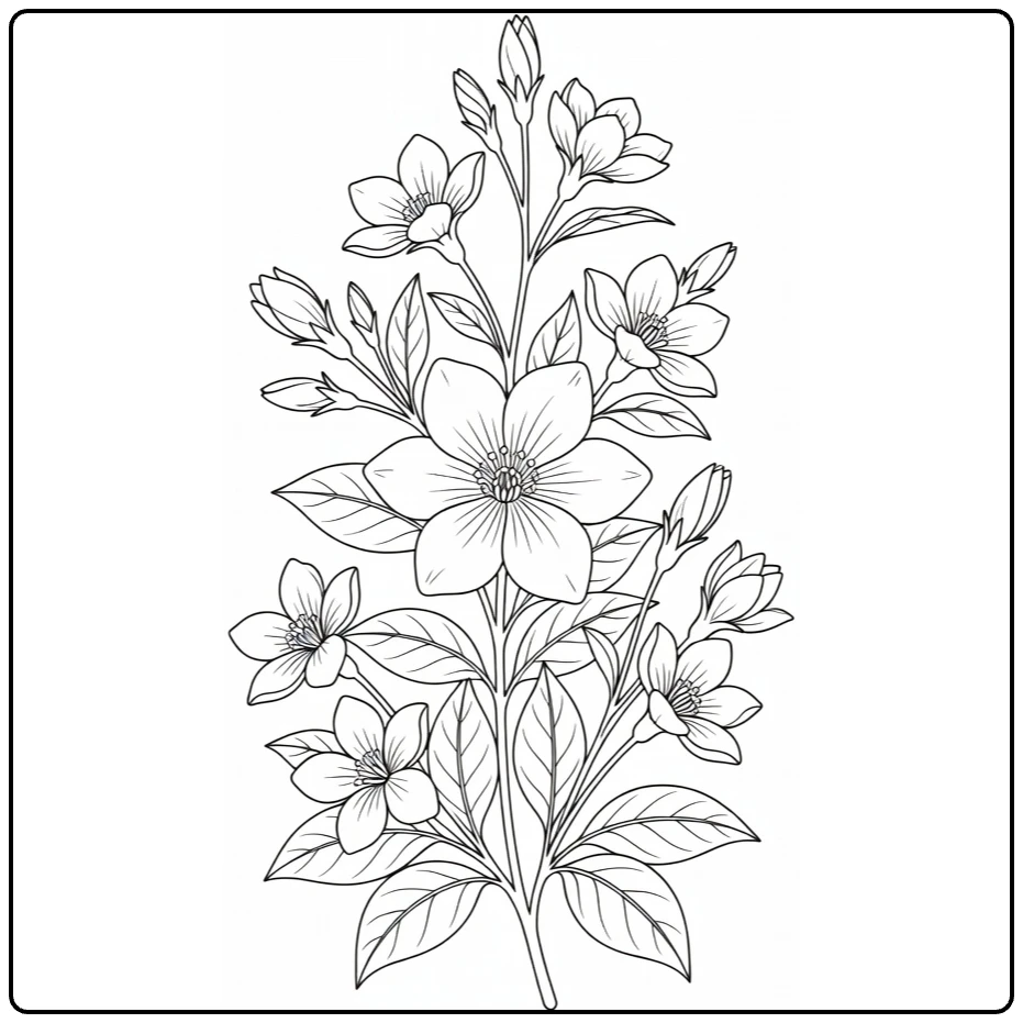 Jasmine coloring page showing a large flower with buds and leaves