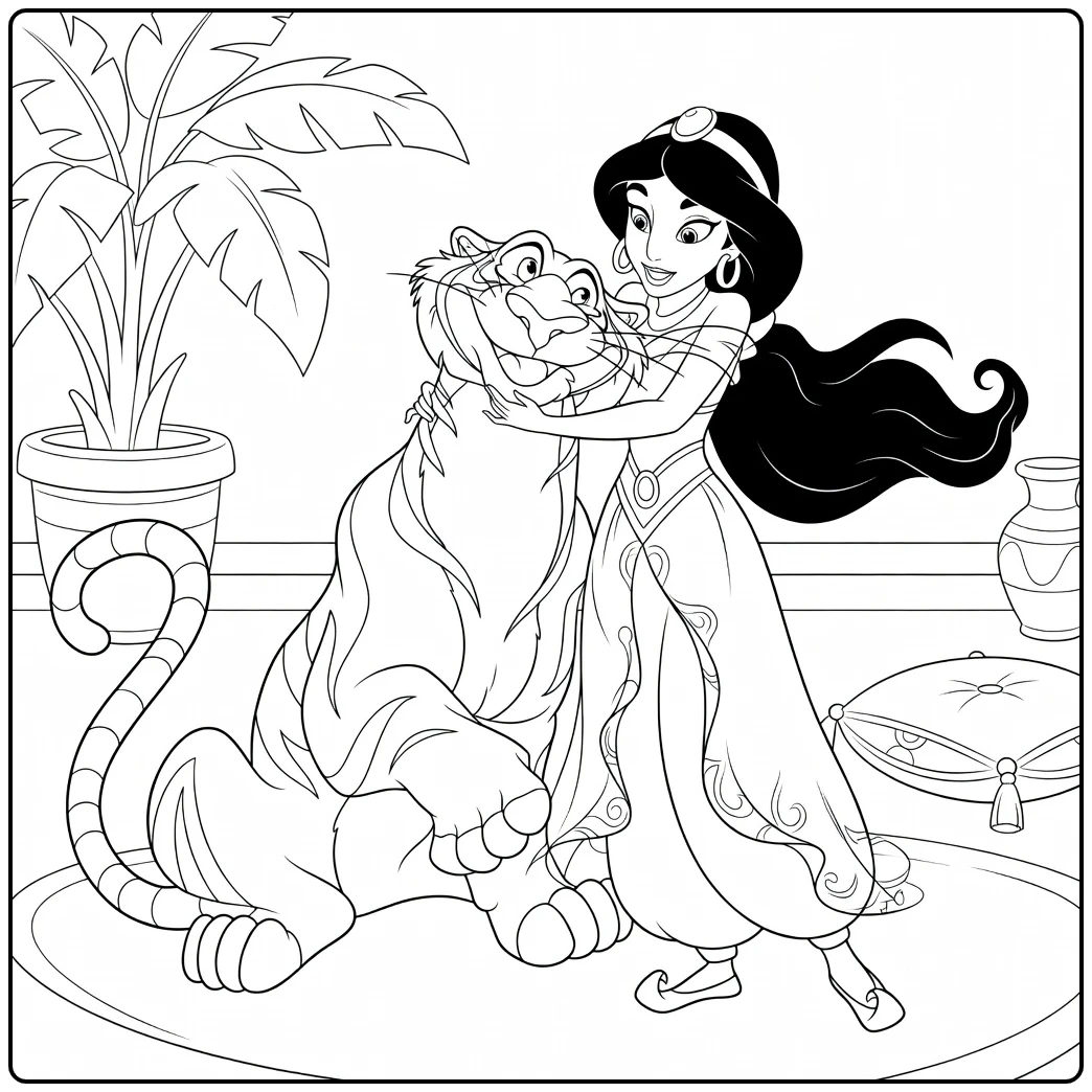 Jasmine Princess Hugging Sitting Tiger coloring page