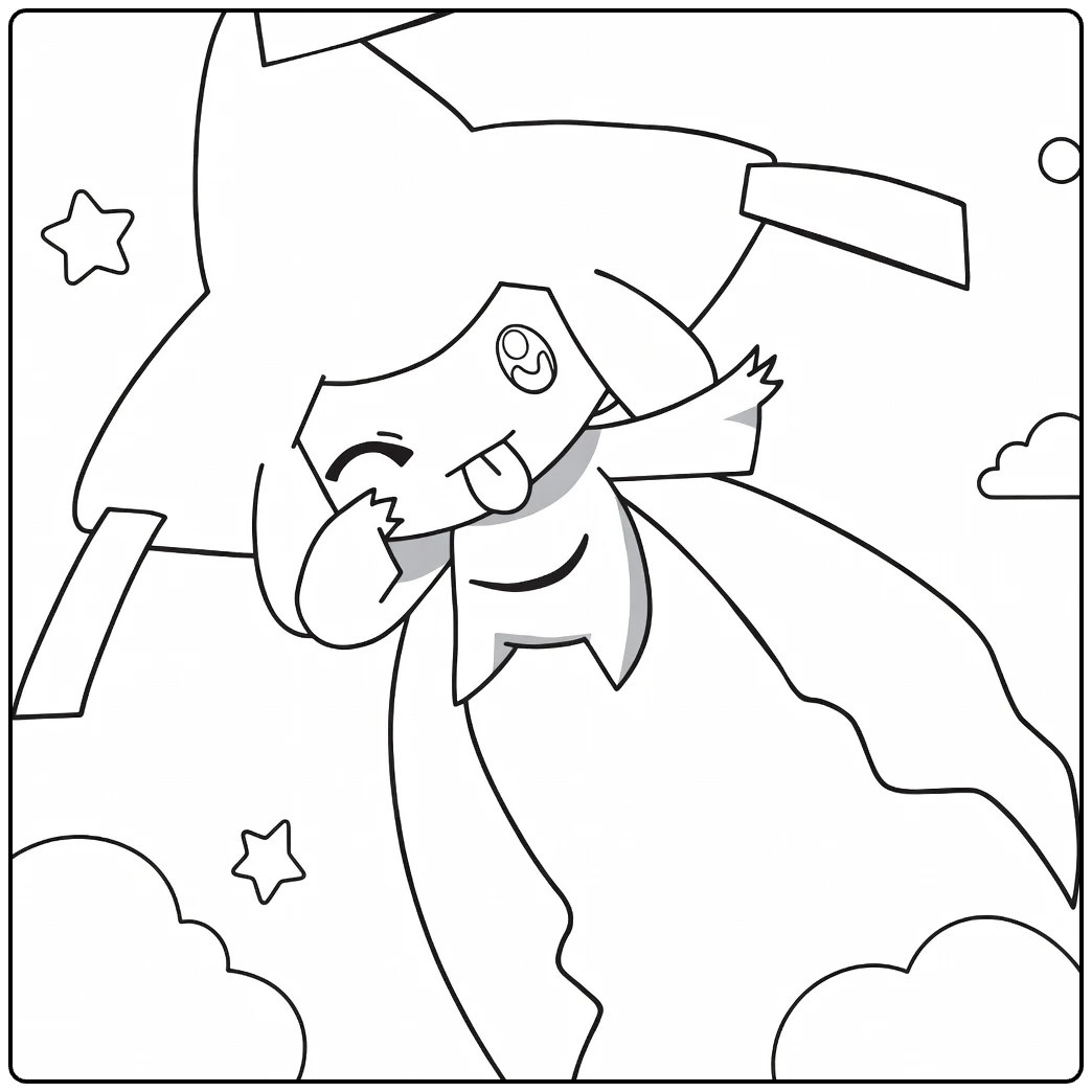 Jirachi in Witch Hat and Flying coloring page