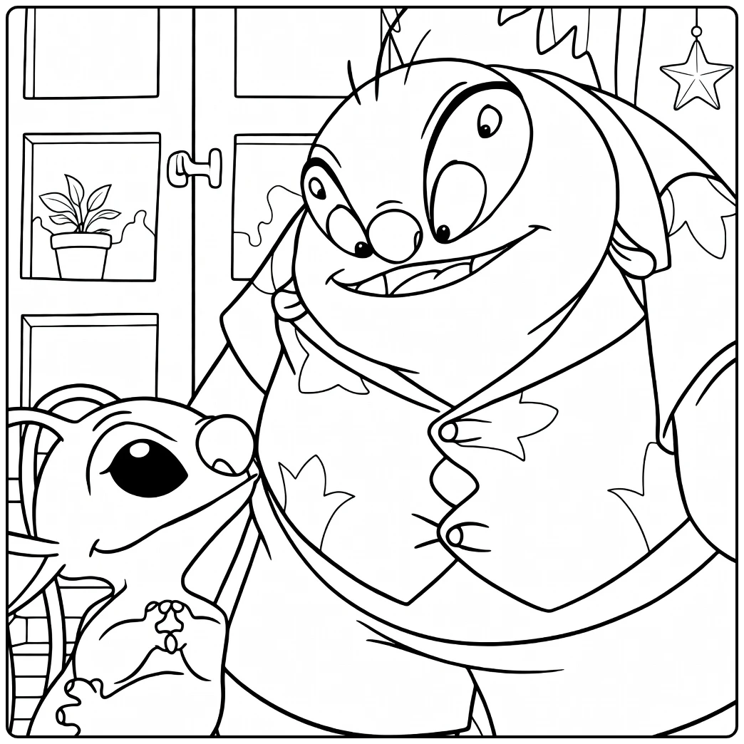 jumba Jumba and Stitch in Festive Room coloring page