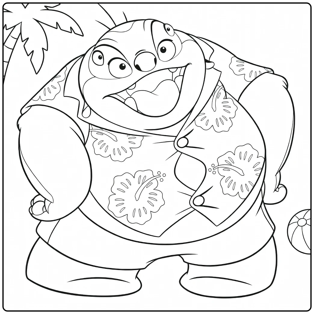 Jumba coloring page with Jumba in a Hawaiian shirt and palm tree