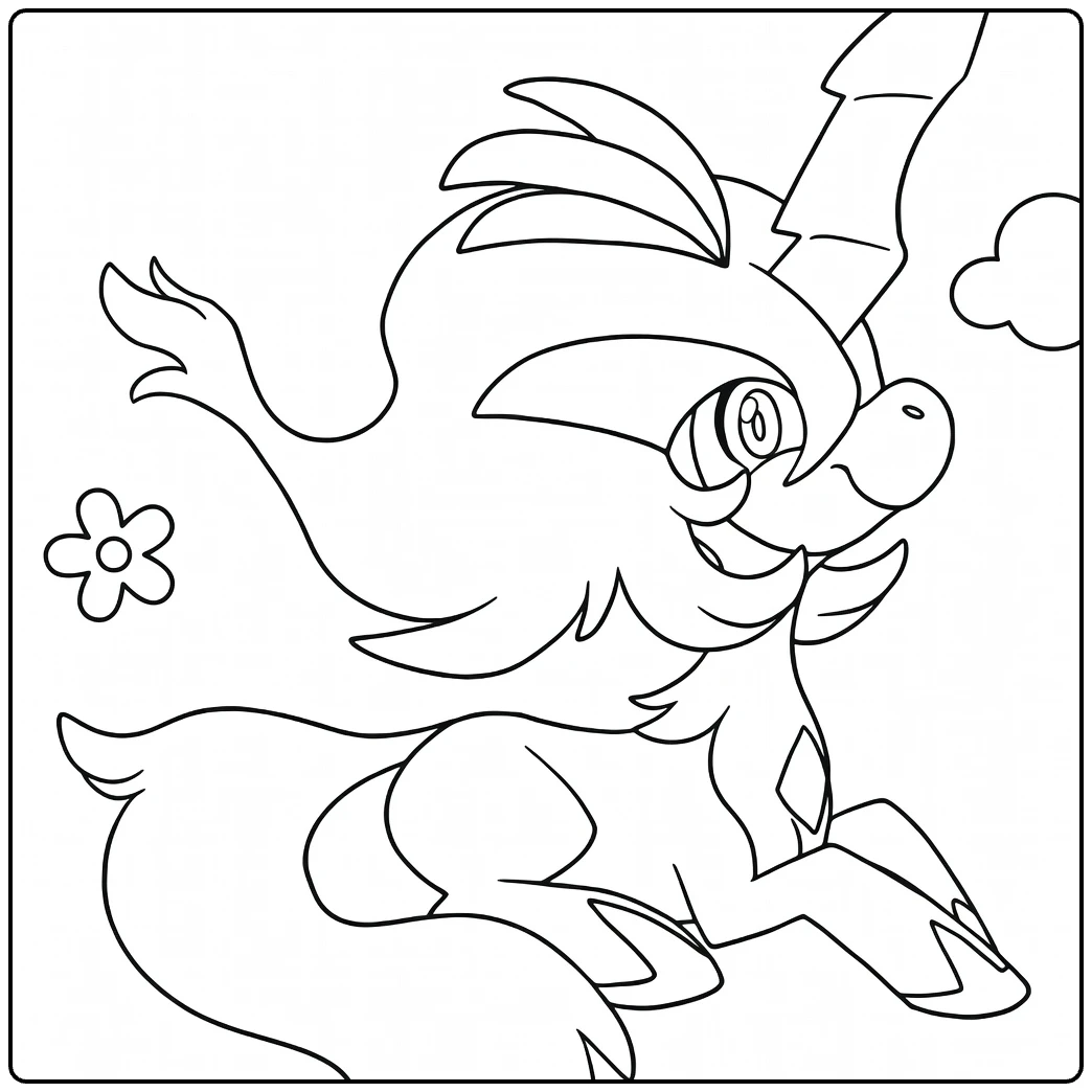 Keldeo in Action with Clouds and Flowers coloring page