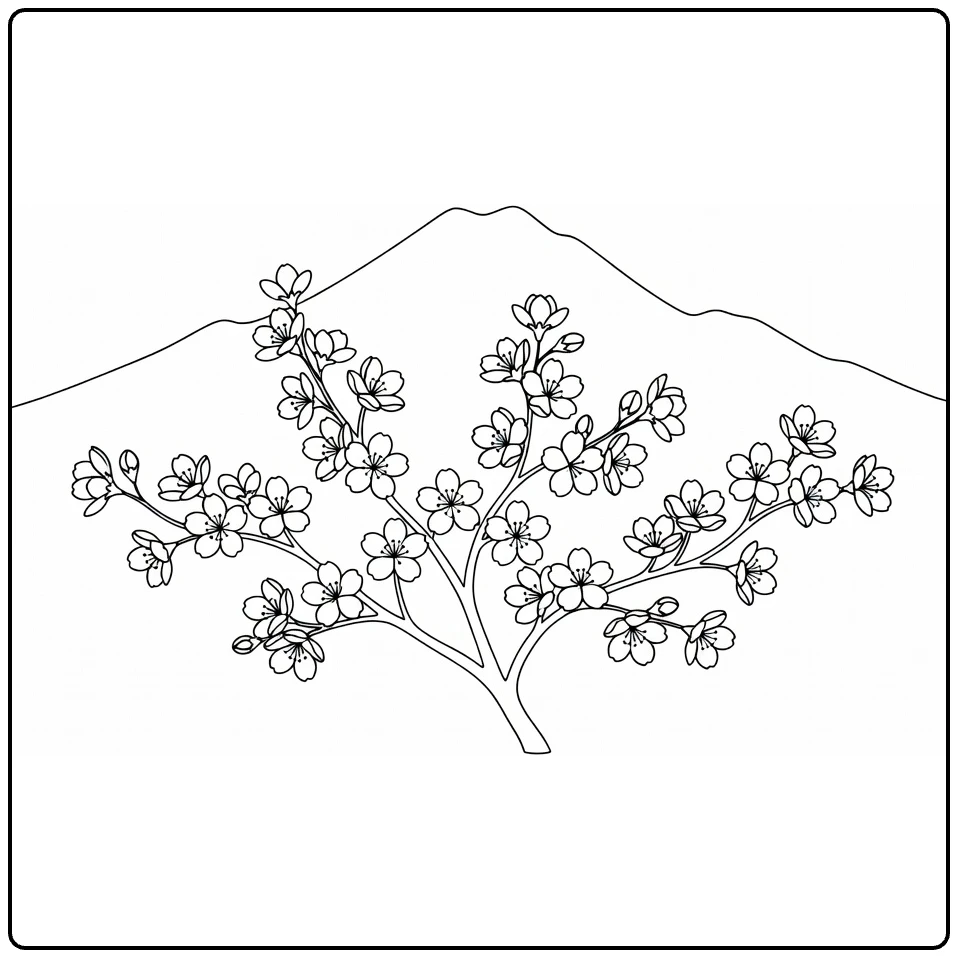 Scenic cherry blossom coloring page featuring sakura flowers and a mountain