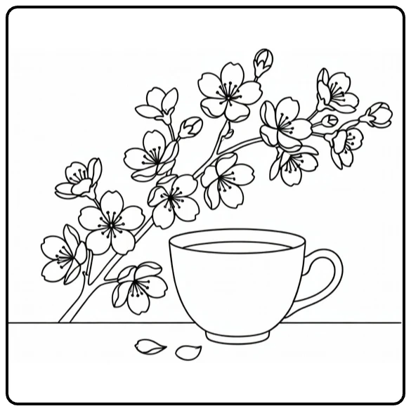 Relaxing cherry blossom coloring page with a tea cup and spring flowers