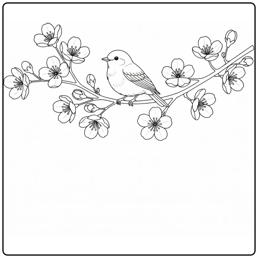 Cherry blossom coloring page featuring a bird resting on a flowering branch