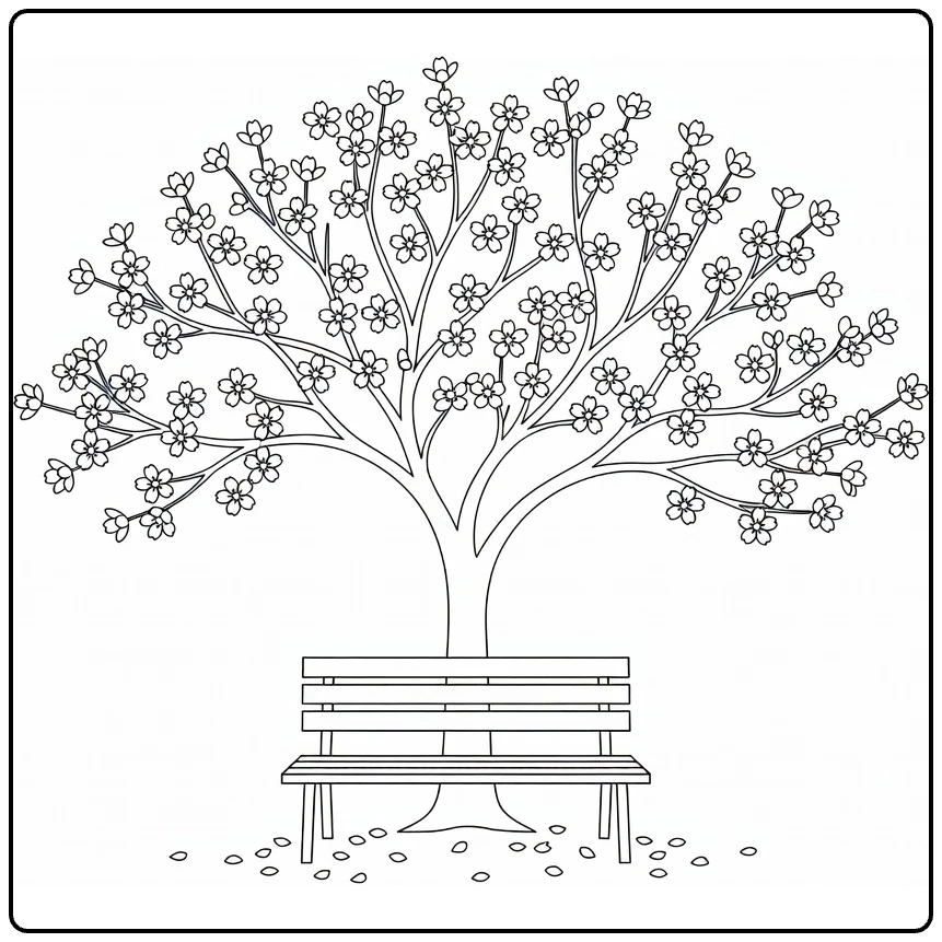 Cherry blossom coloring page showing a park bench beneath a blooming tree