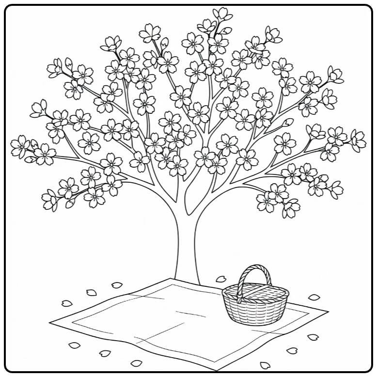 Cherry blossom coloring page showing a picnic beneath a flowering tree