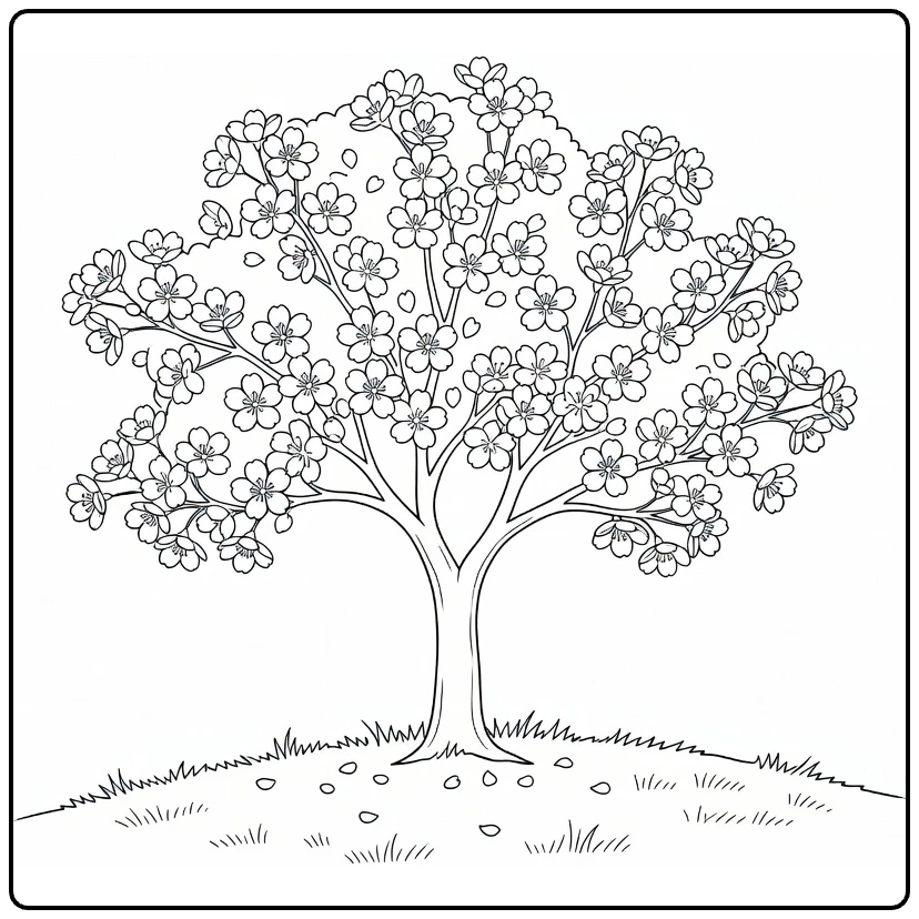 Peaceful cherry blossom coloring page showing a tree on a grassy hill