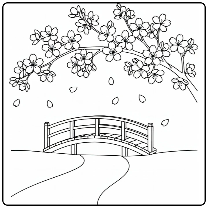 Cherry blossom coloring page featuring a bridge under falling petals