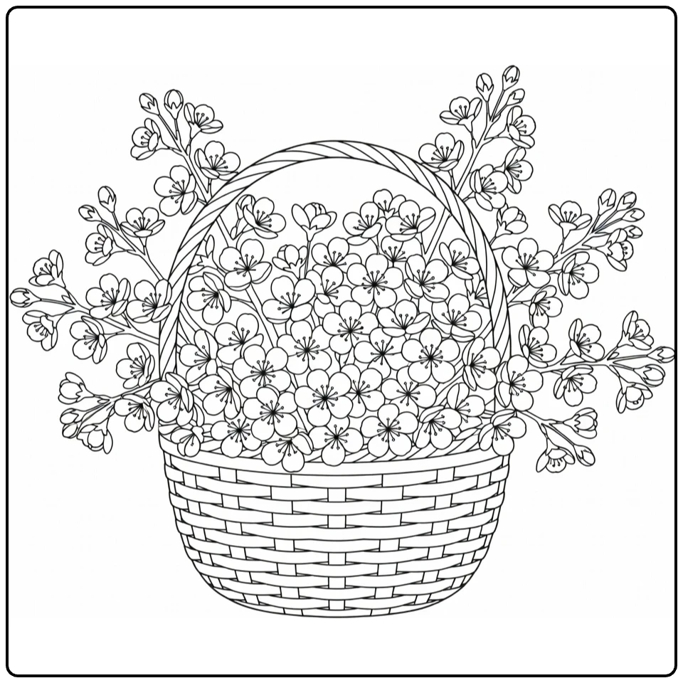 Cherry blossom coloring page showing a decorative basket full of blooms