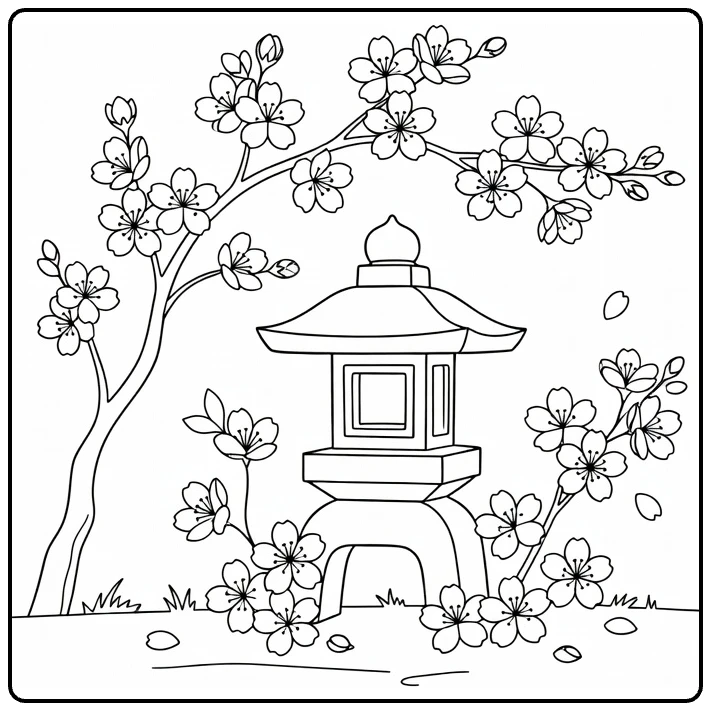 Cherry blossom coloring page with a garden lantern and flowering branches