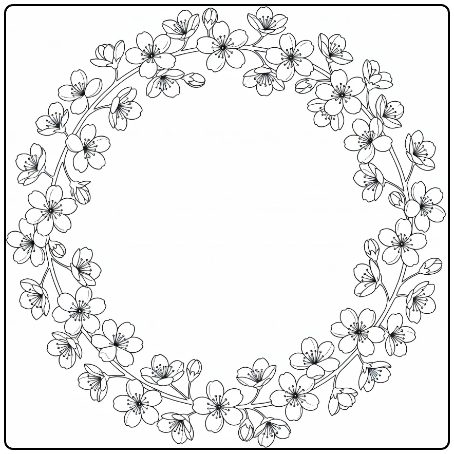 Decorative cherry blossom coloring page with a circular floral wreath