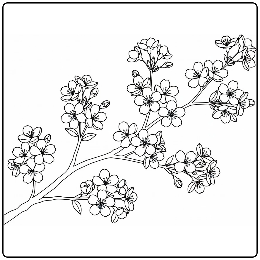 Cherry blossom coloring page featuring a graceful branch of five-petal flowers