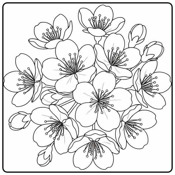 Detailed cherry blossom coloring page with sakura flowers and buds