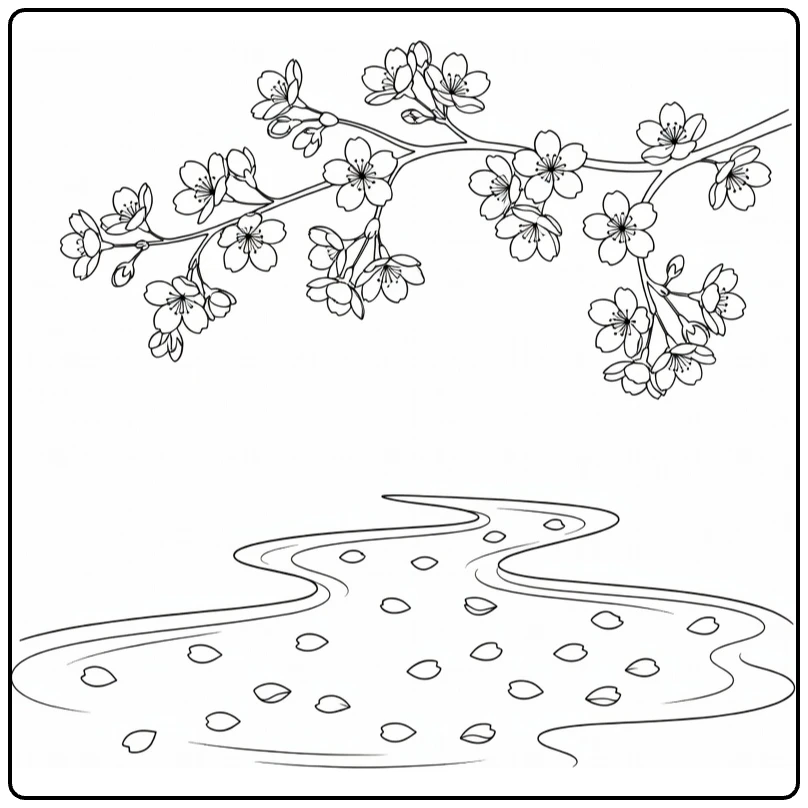 Serene coloring page of cherry blossoms hanging above flowing water