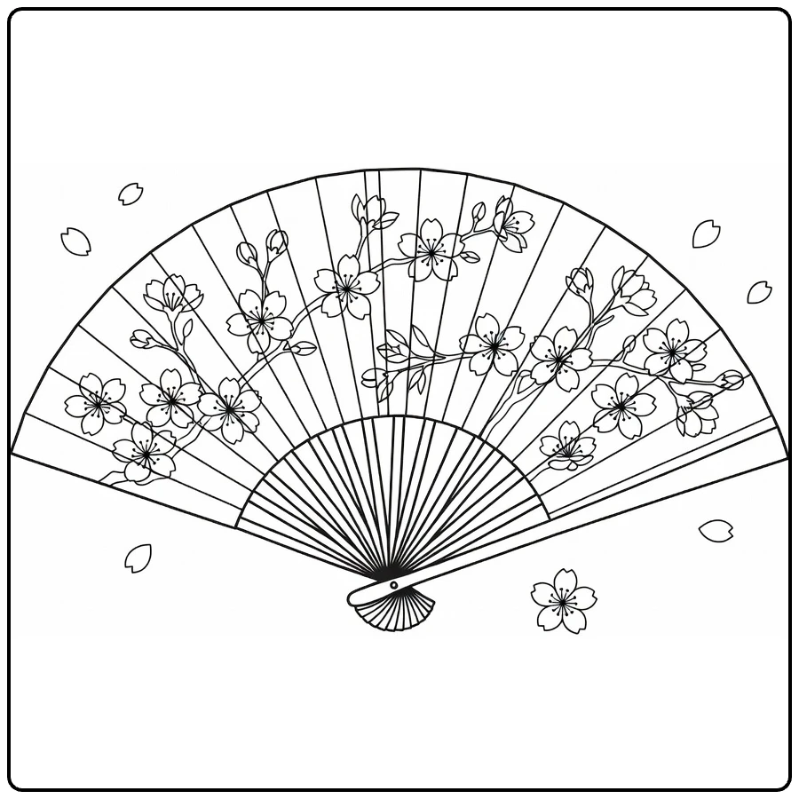 Sakura coloring page featuring a hand fan covered in cherry blossoms