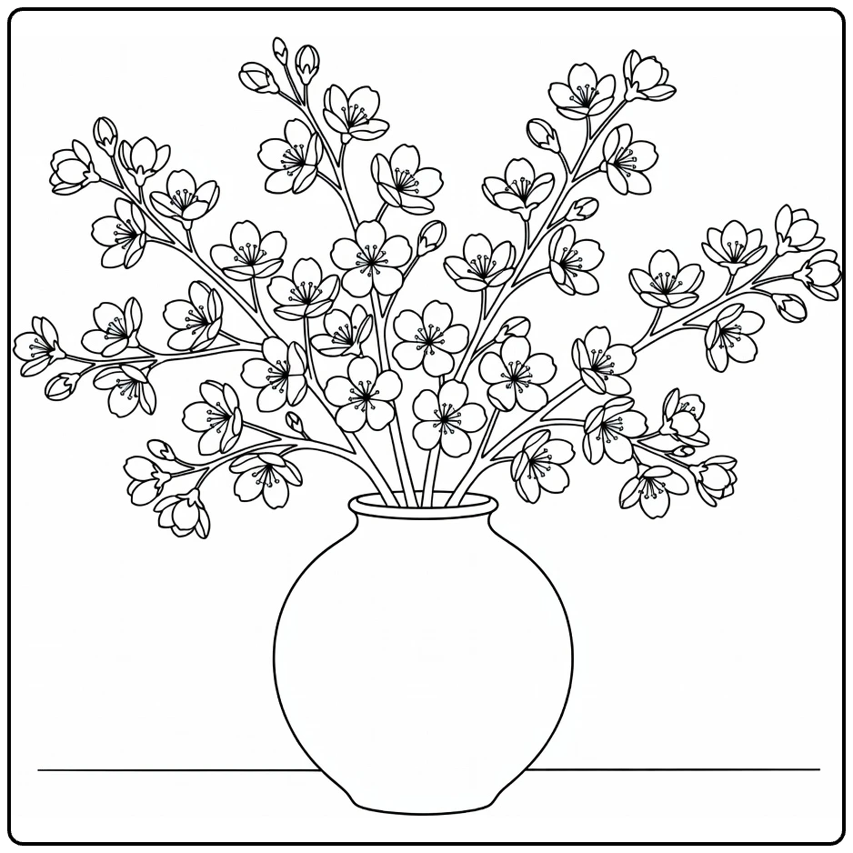 Sakura coloring page showing cherry blossom branches arranged in a vase