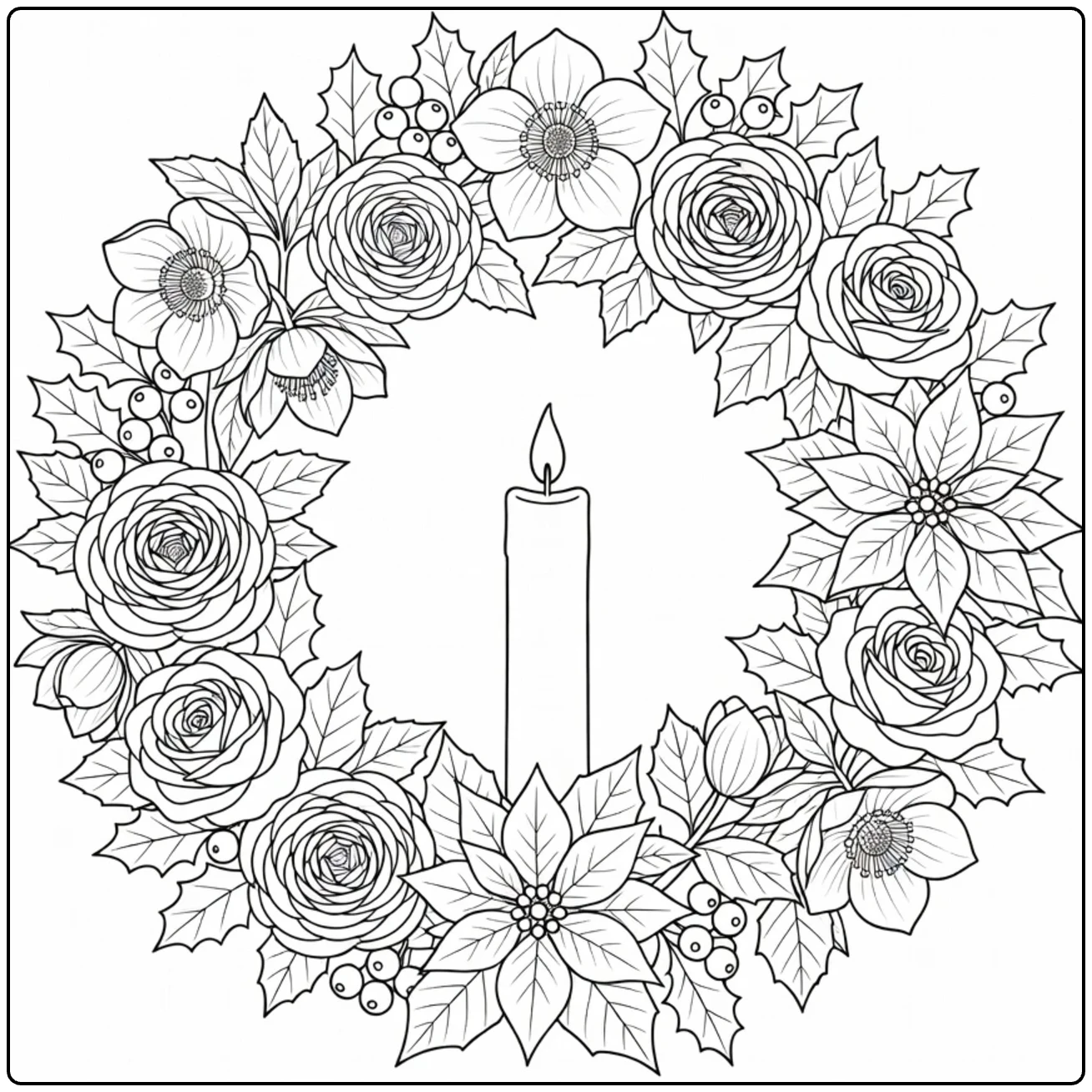 Christmas wreath coloring page showing a candle surrounded by flowers