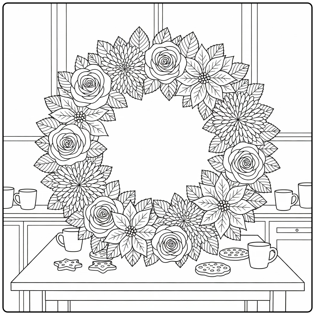 Christmas wreath coloring page showing flowers in a cozy kitchen scene