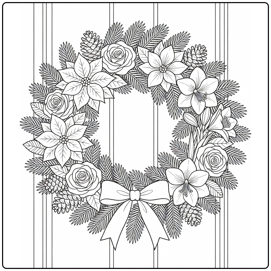 Christmas wreath coloring page showing flowers and a bow on a door