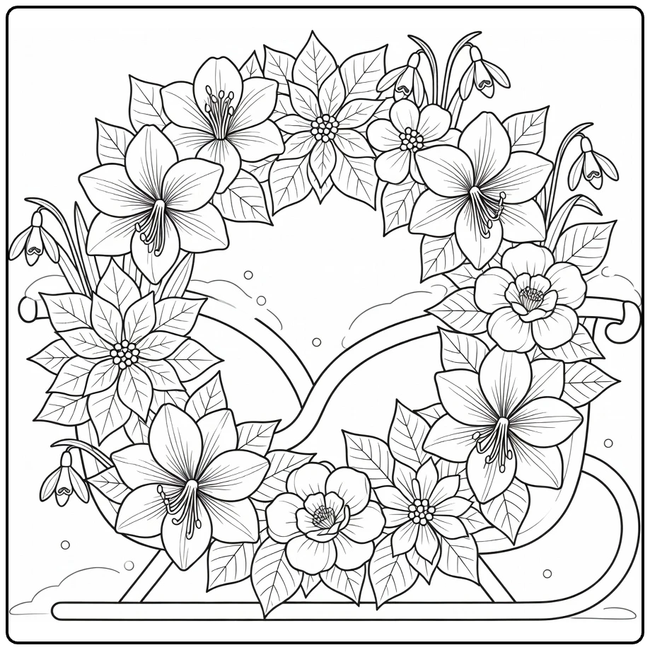 Christmas wreath coloring page featuring winter flowers on a sled