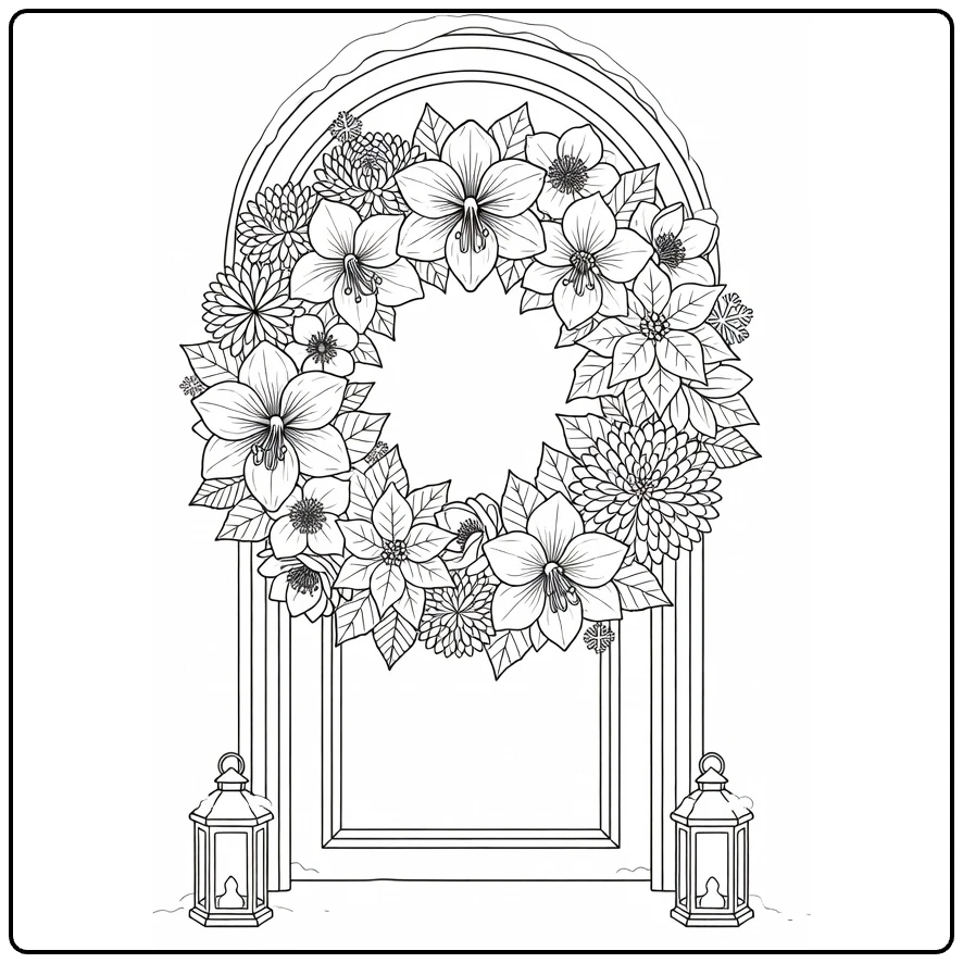 Christmas wreath coloring page showing a floral wreath on an arched doorway