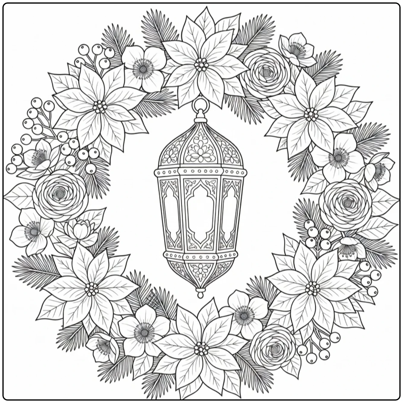 Christmas wreath coloring page featuring flowers around a hanging lantern