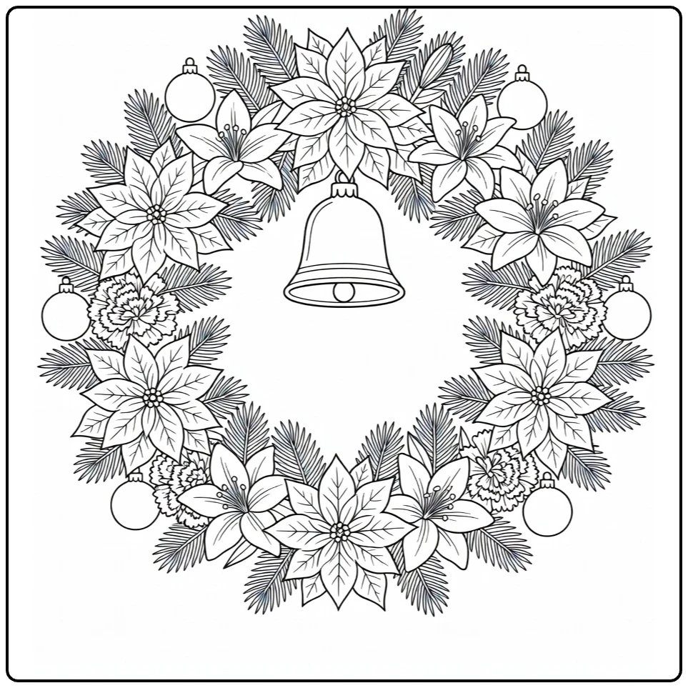 Christmas wreath coloring page showing a bell inside a festive floral wreath