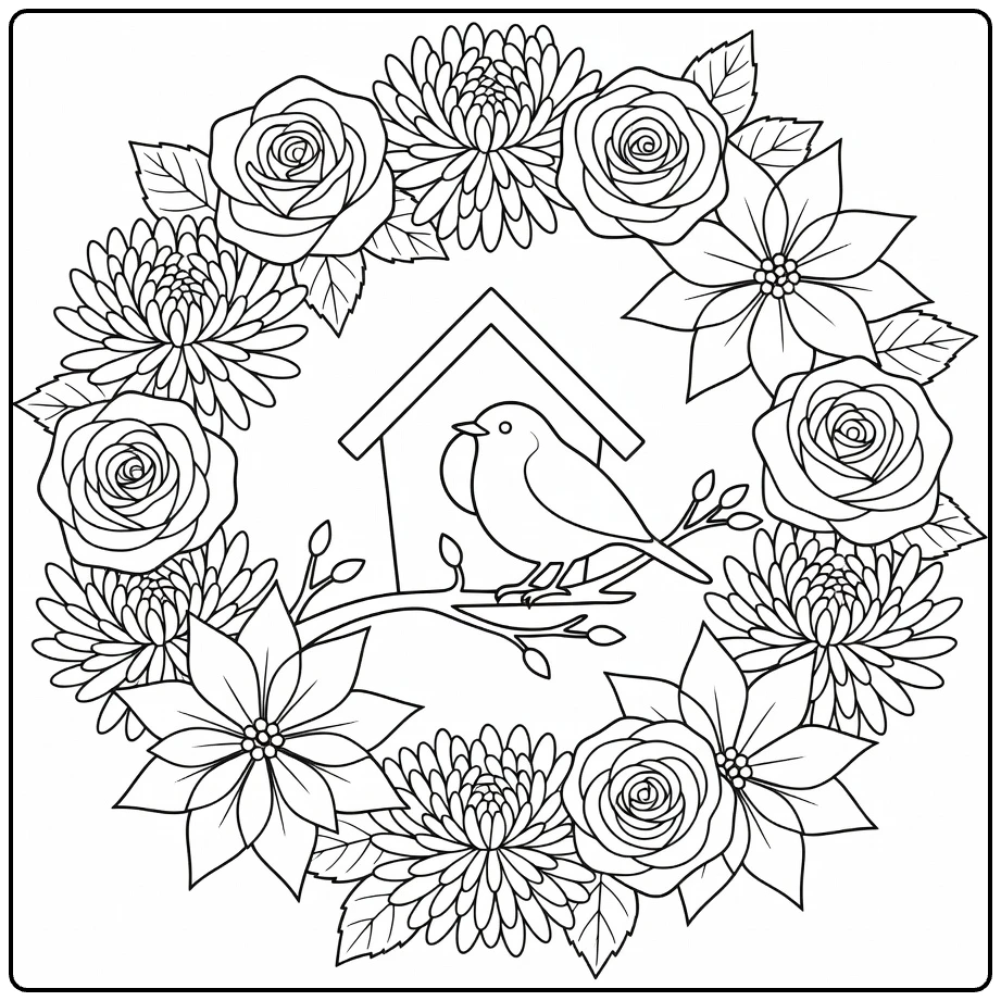 Christmas wreath coloring page showing a robin and birdhouse among flowers