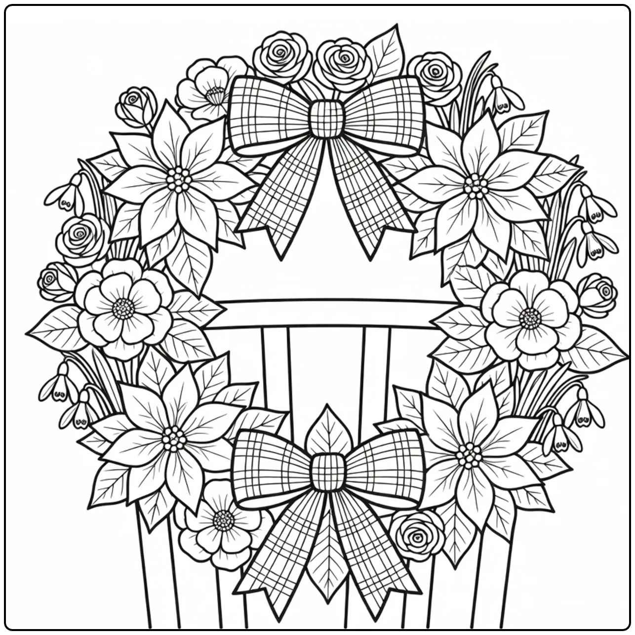 Christmas wreath coloring page featuring flowers and bows on a chair