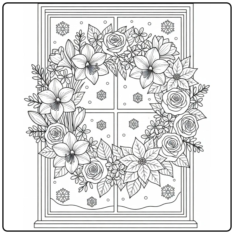 Christmas wreath coloring page featuring flowers against a snowy window
